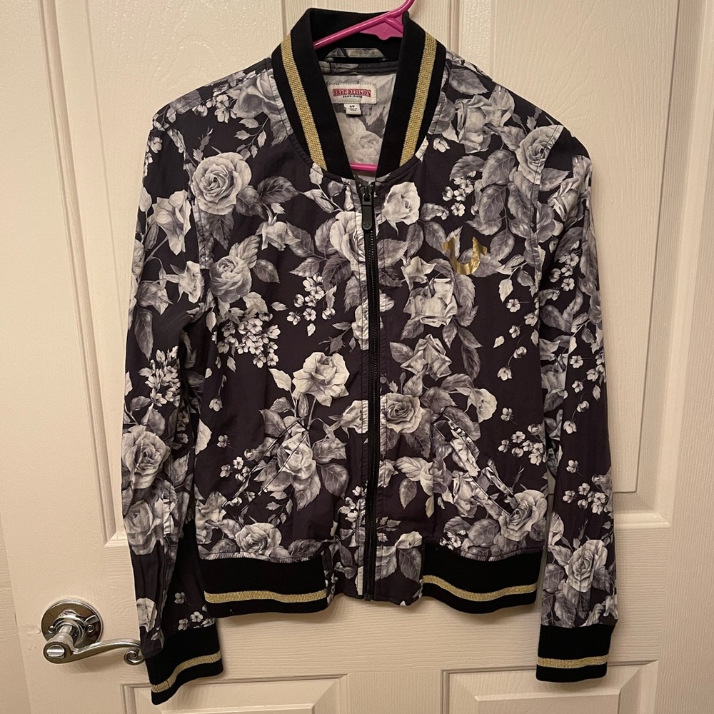 TRUE RELIGION Floral Print Bomber Jacket Gold